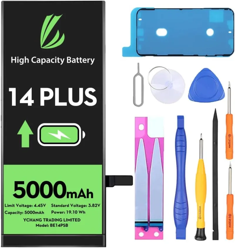Batterie pour iPhone 14 Plus, 5000mAh avec Kits de Réparation Batterie Haute Capacité Compatible Avec l'iPhone 14 Plus, A2632, A2885, A2888, A2887, A2886