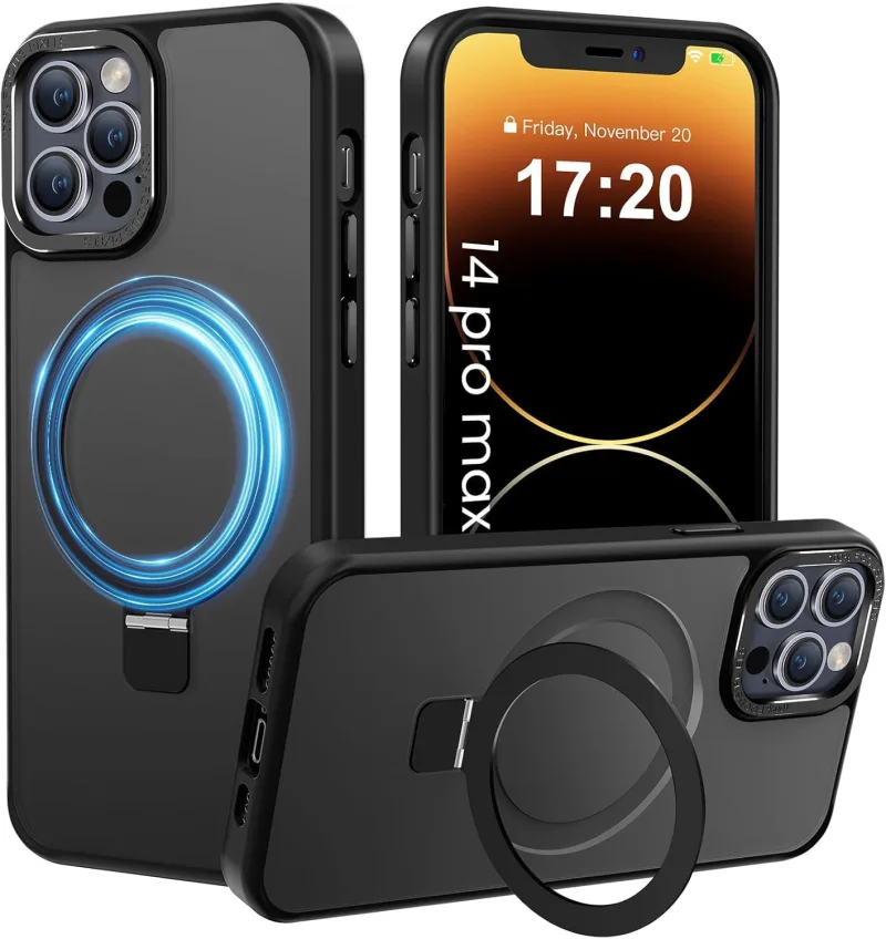 Coque pour iphone 14 Pro Max magnetique Support, Noir Protection Militaire Contre Les Chutes, Anti-Rayures/Empreintes Translucide Mat, pour iphone 14 Pro Max Coque