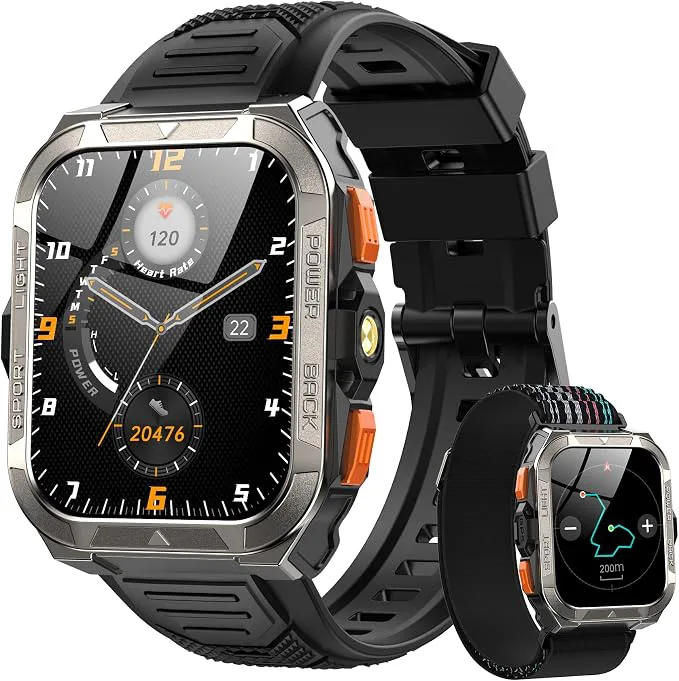 Montre Connectée Homme Militaire, Smartwatch GPS, Anthracite Cadeau Homme, ChatGPT 13 Langues, Appel Bluetooth, IP68, 150+ Sports, Cardio SpO2, 900mAh, 2 Bracelets, Android iOS