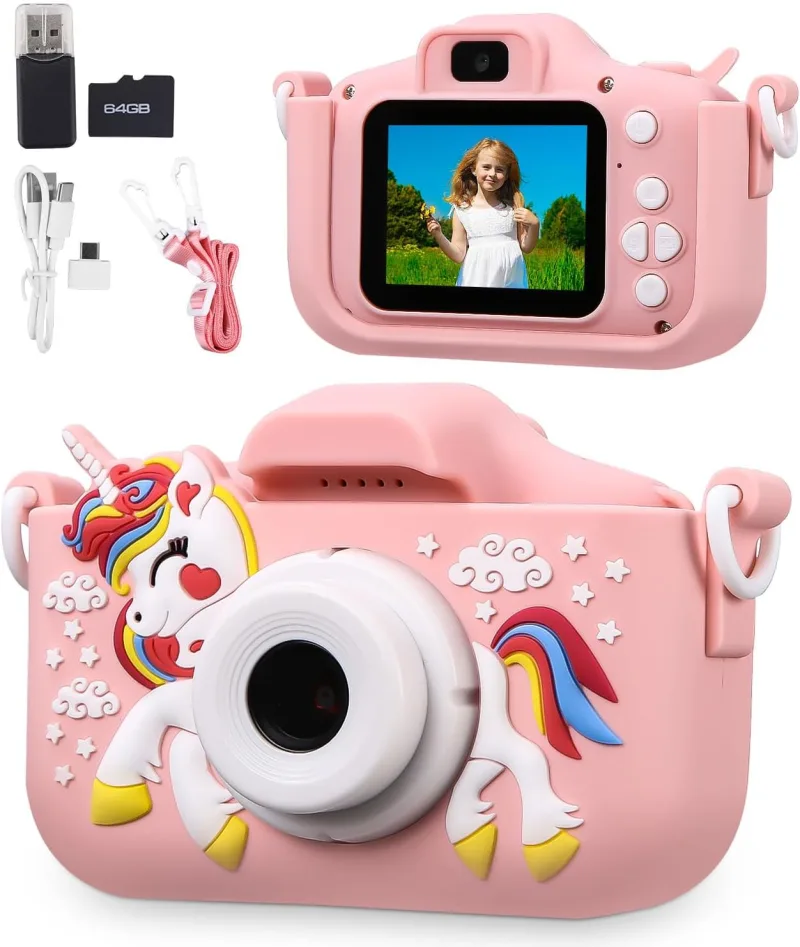 Appareil Photo pour Enfants, 2.0 Pouces Enfant Appareil Photo Numérique, Mini Caméra Rechargeable Caméscope Cadeau Jouet Filles Garçons de 3 à 10 Ans, vidéo HD 1080p,64G SD Carte,Caméras Jeu Enfant